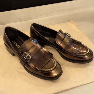 Pre-Loved Prada Bronze Leather Loafers w/Buckle & Kiltie,Size 40
